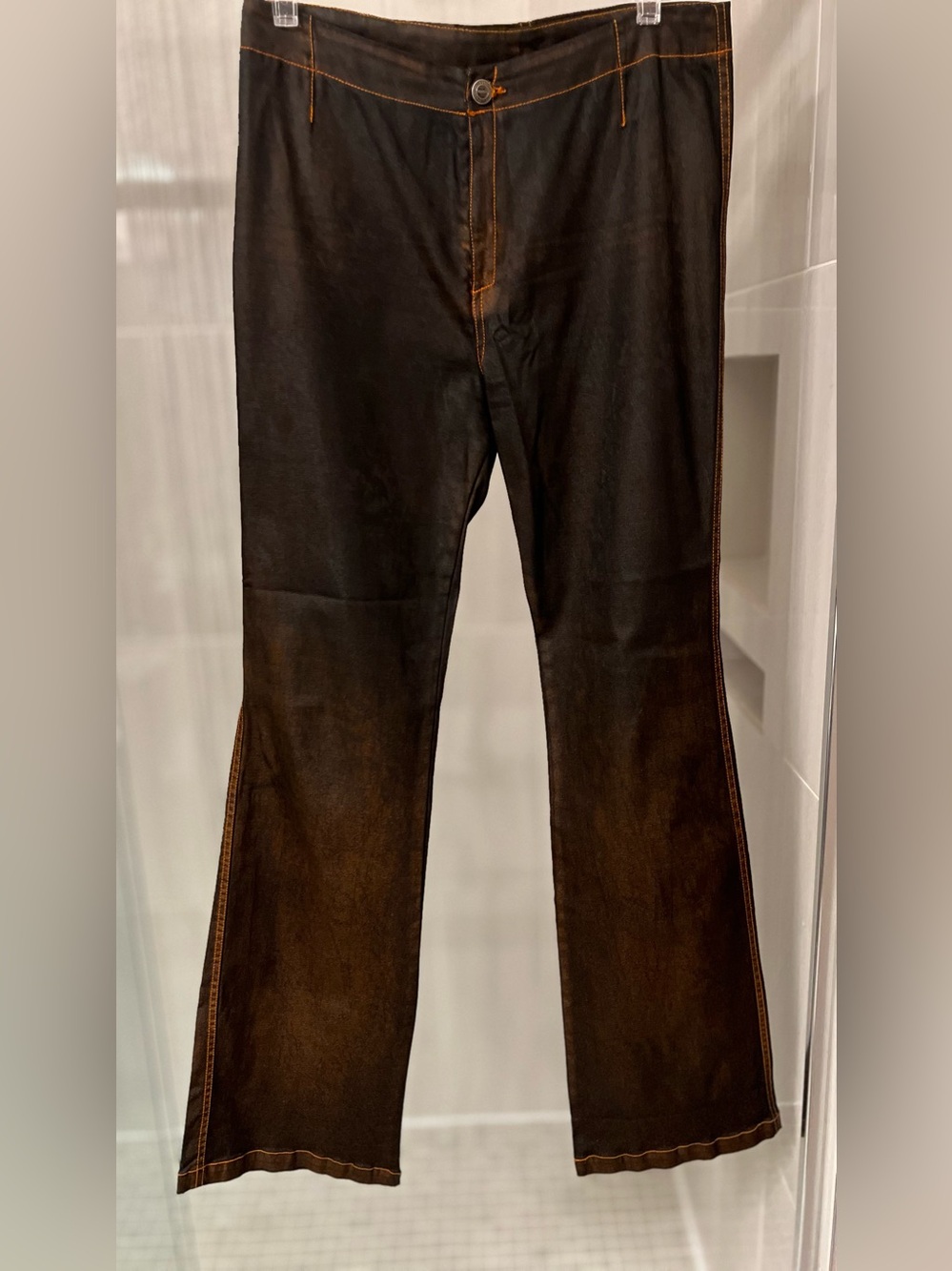 TRANSIT Par Such Coated Waxed Brown Flare Pants Contrast Stitch